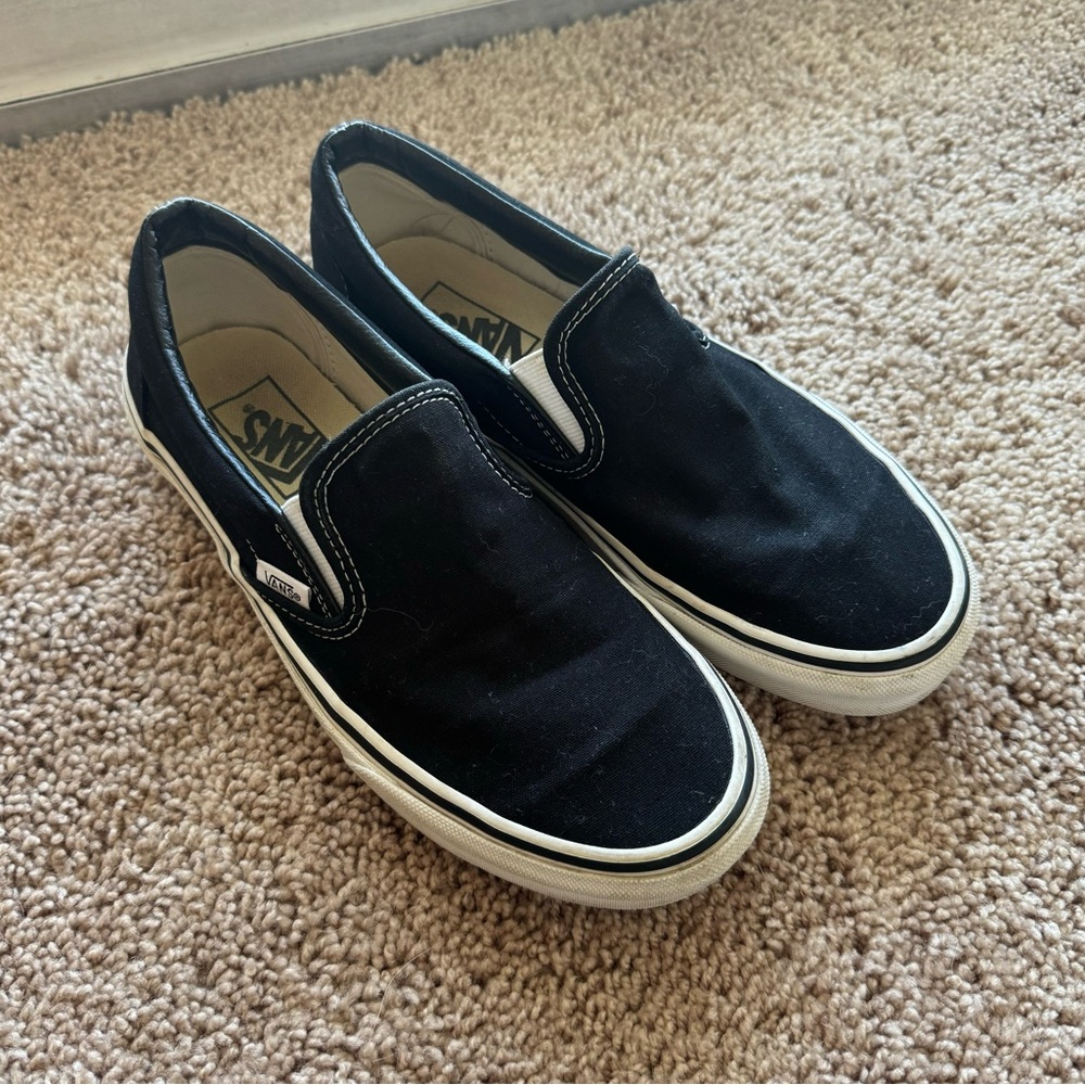 Black Slip On Vans - 6.5 Men’s, 8 Women’s